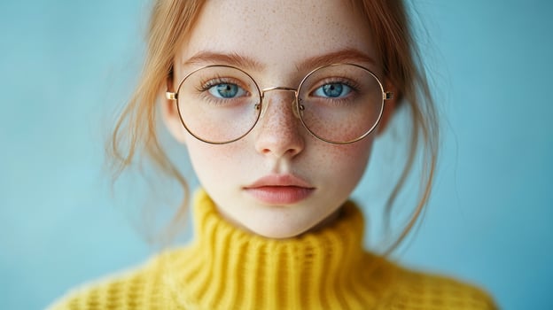 Portrait of a young girl wearing glasses and a yellow sweater against a blue background photo