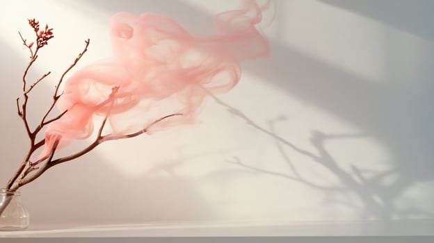 Pink smoke swirls around a delicate branch in sunlight. photo