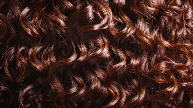 Interesting curly hairstyle featuring rich brown color and defined curls on a close-up view, highlighting texture and shine photo