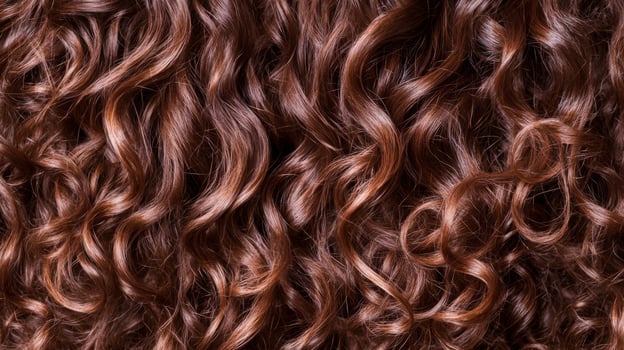 Curly brown hair texture close-up showcases vibrant waves and natural curls in soft lighting photo