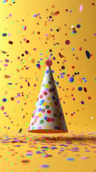 Colorful confetti and party hat create a festive atmosphere for celebrations and events photo