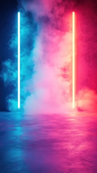 Vibrant neon lights illuminate a misty space for a captivating ambiance and modern aesthetics photo