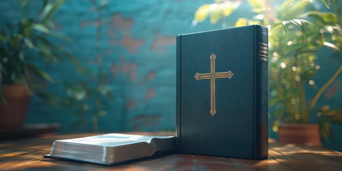 Bible resting on a wooden table with a vibrant background of potted plants in a bright indoor setting photo