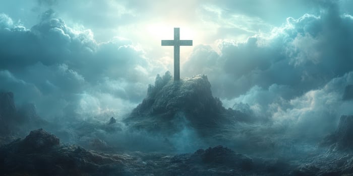 Cross stands majestically atop a rocky hill surrounded by clouds and ethereal light at dawn photo