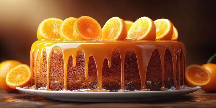 Juicy orange cake topped with fresh citrus slices and caramel glaze on a plate photo