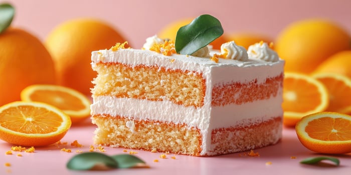 Delicious orange cake slice with fresh citrus fruits arranged on a pink background photo