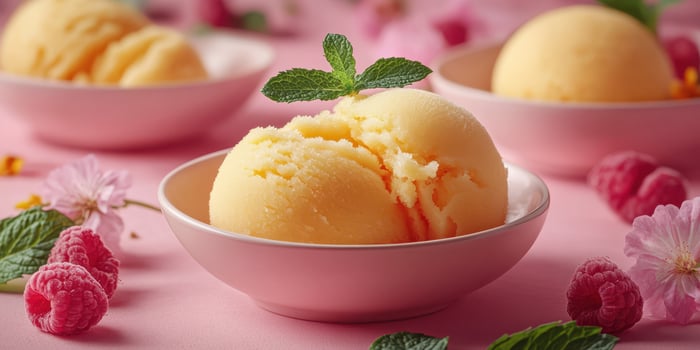 Delicious sorbet served in elegant bowls surrounded by fresh raspberries and vibrant flowers on a pink background photo
