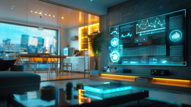 Futuristic Digital Assistant with Holographic Financial Analytics in Smart Home Setting photo