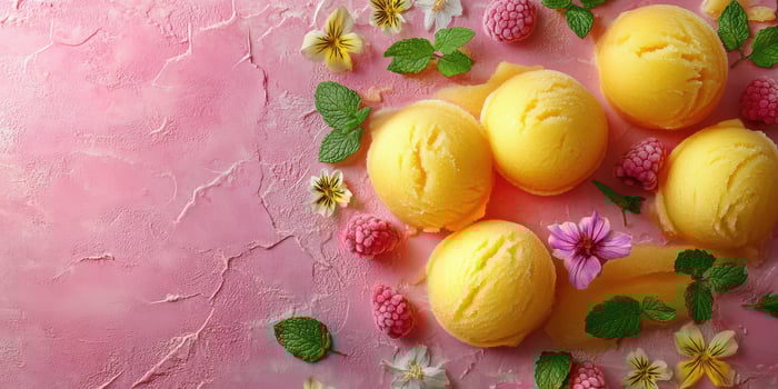 Colorful arrangement of mango sorbet, fresh fruits, and edible flowers on a textured pink background photo