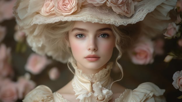 A beautiful woman in a hat with pink roses photo