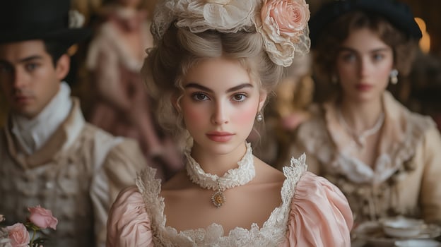 The beautiful woman is dressed in a pink dress photo