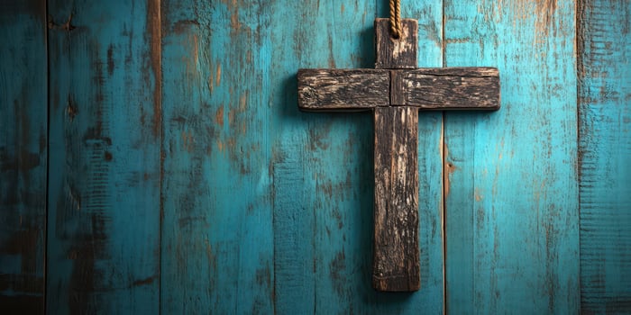 Rustic wooden cross against a vibrant teal wooden background in a serene setting photo