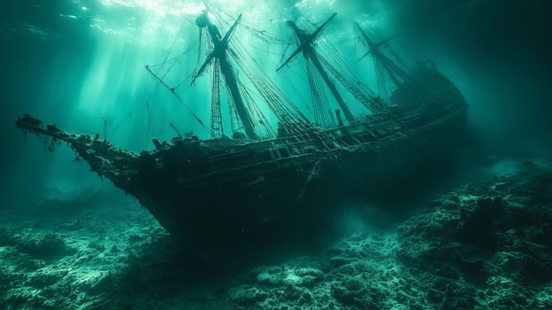 An underwater view of a ship in the ocean photo