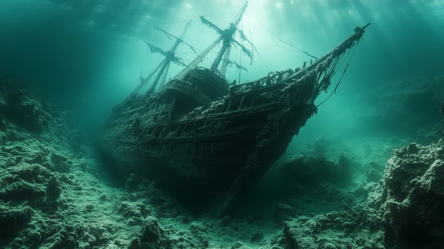 An underwater view of a ship in the ocean photo