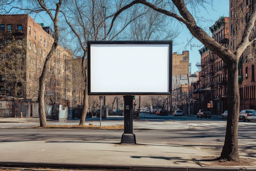Empty billboard standing on a quiet street surrounded by bare trees and urban buildings during a bright day in fall photo