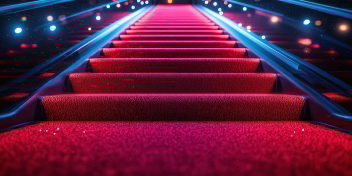 A red carpet staircase leads to a glamorous event venue adorned with colorful lights photo