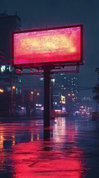 Bright digital billboard illuminates rain-soaked city streets at night photo
