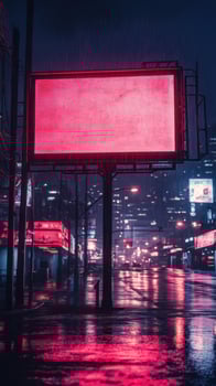 Vibrant neon billboard in a rainy urban street at night with reflections of city lights photo