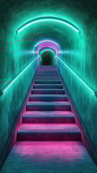 Colorful neon-lit staircase leading to a dark tunnel in an underground location at night photo
