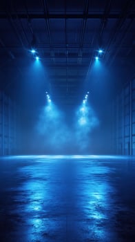 Mysterious blue lighting creates an atmospheric setting in a spacious industrial space during nighttime photo