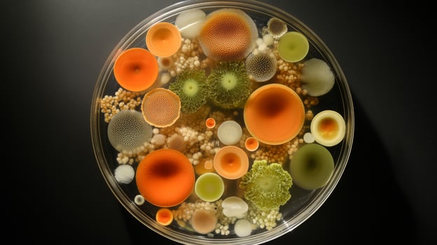 Diverse microbial colonies in petri dish with vibrant colors and varied structures photo
