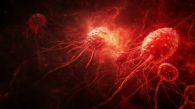 Microscopic view of aggressive cancer cells in vivid red hues photo