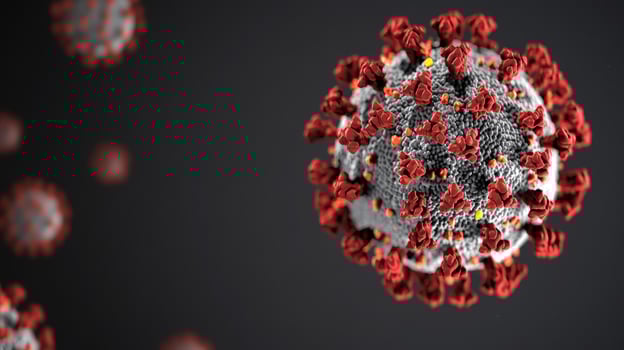 Microscopic view of coronavirus with red spike proteins photo