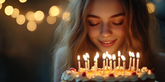 Young woman joyfully celebrating a birthday with a beautifully decorated cake and glowing candles at a cozy evening gathering photo