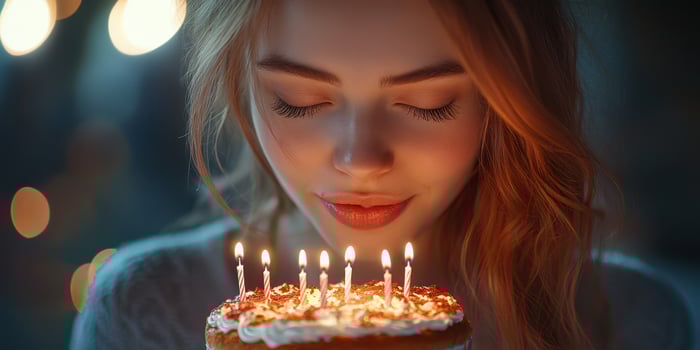 Young woman celebrating her birthday with a cake and candles in a warm evening atmosphere photo