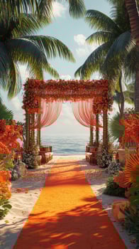 Beautiful floral wedding setup on a serene beach with vibrant decorations and inviting ocean views photo
