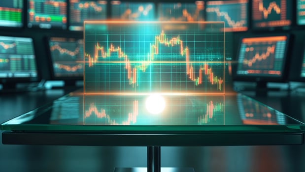 Charts and graphs display market trends in a modern trading room with high-tech screens at night photo