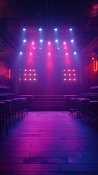 Colorful stage lights illuminate an empty performance space in a nightclub setting during evening hours photo