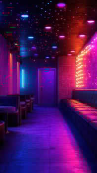 Vibrant nightclub interior featuring colorful lights and cozy seating in a modern lounge atmosphere photo