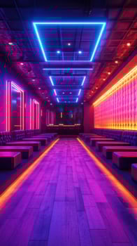 Colorful nightclub interior with vibrant neon lights and modern seating arrangements photo