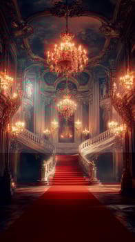 Luxurious grand staircase adorned with chandeliers and red carpet in an elegant palace hall photo