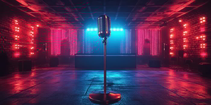 Microphone stand in vibrant nightclub with colorful lights creating a lively atmosphere for performances photo