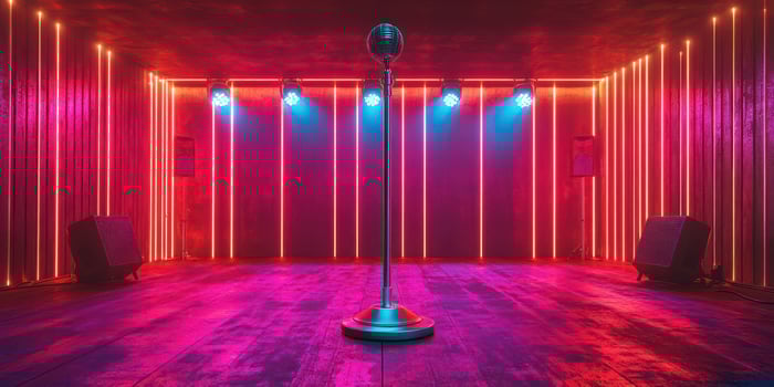 Vibrant performance stage with neon lights and vintage microphone ready for live entertainment at night photo