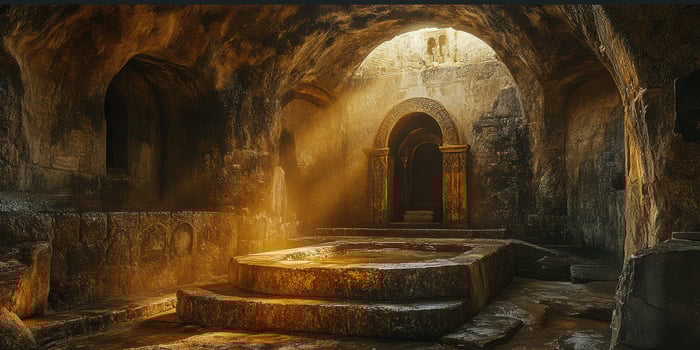 Ancient stone structure illuminated by sunlight in a hidden underground chamber photo