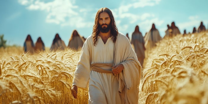 Jesus leads followers through golden wheat fields during a serene afternoon under bright blue skies photo