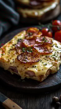 Delicious cheesy toast topped with crispy meat and fresh herbs served on a rustic wooden board photo