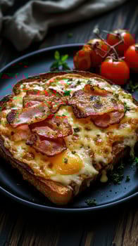 Delicious savory toast topped with cheese, bacon, and eggs served on a black plate with tomatoes photo