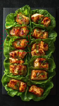 Delicious grilled chicken wraps served on fresh lettuce leaves with herbs photo