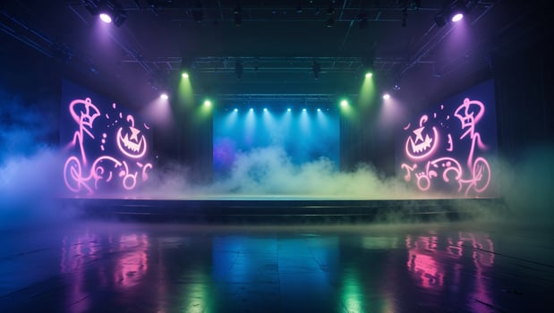 Vibrant stage setting with colorful lighting and fog effects creates an energetic atmosphere for an event photo