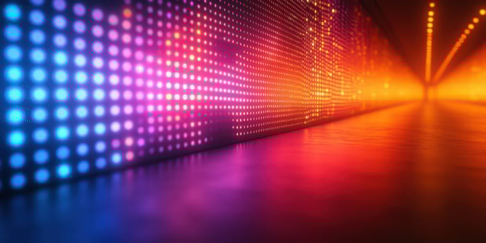 Colorful lights illuminate a long corridor at a nightlife venue in the city during an evening event photo