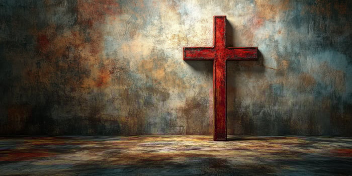 Cross stands out against textured wall in dramatic, dimly lit environment filled with rich colors and shadows photo