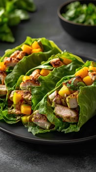 Grilled chicken and mango lettuce wraps served on a dark plate with fresh cilantro in the background photo