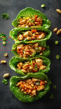 Fresh and healthy lettuce wraps filled with savory chicken and crunchy vegetables photo