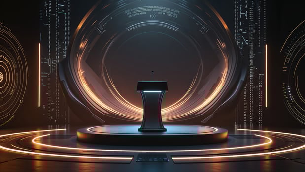 Futuristic stage setup with glowing backdrop and central podium in a dark environment photo
