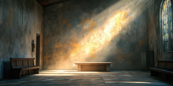 Light streaming into an abandoned chapel creating a serene atmosphere in the quiet interior photo