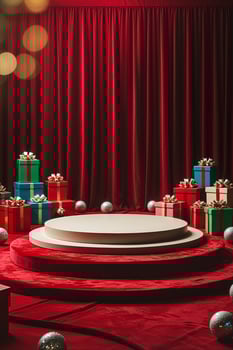 Elegant holiday backdrop featuring a circular stage surrounded by colorful gift boxes and decorative elements in red and green tones photo